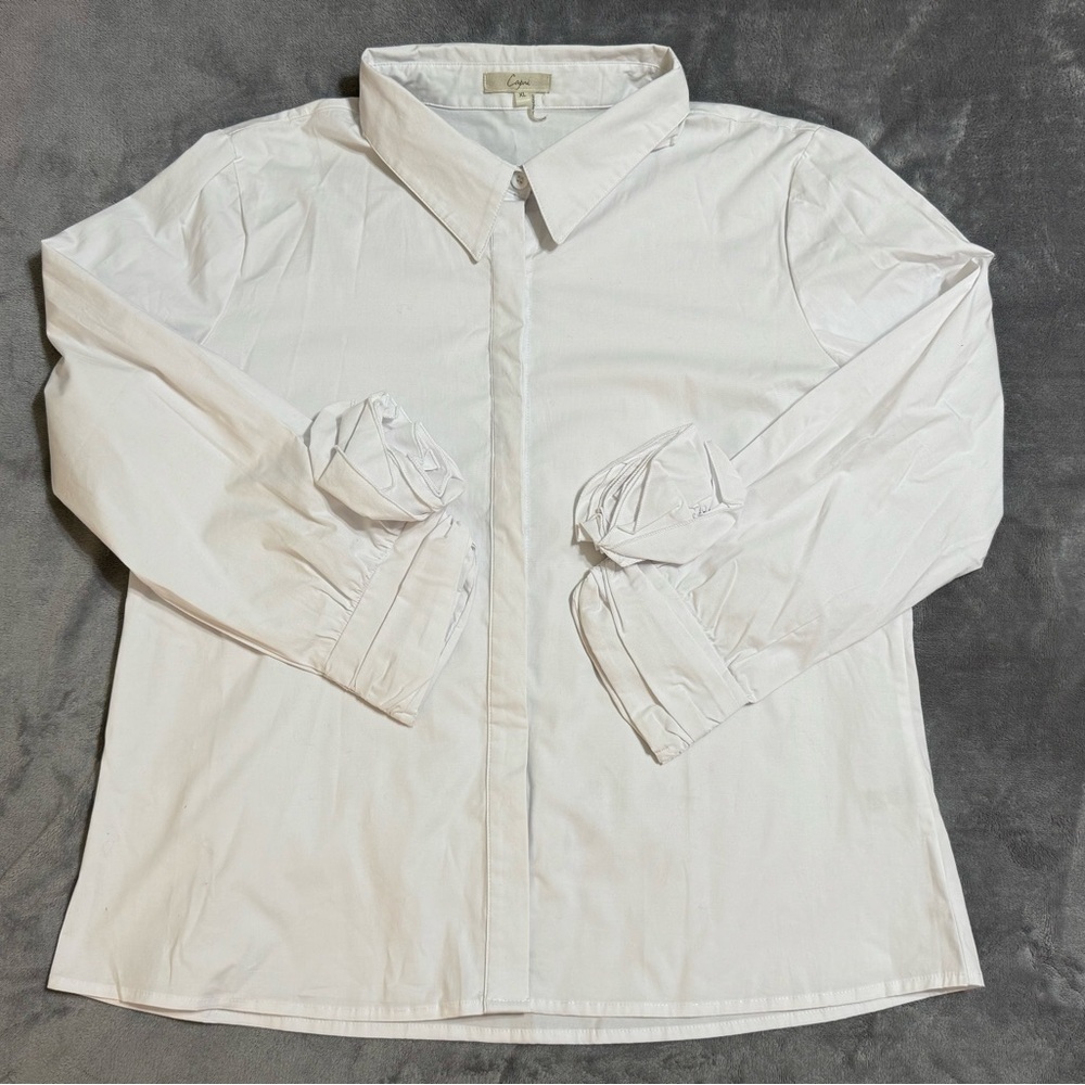 Classic White Women's Collared Shirt XL Roses Cuffs